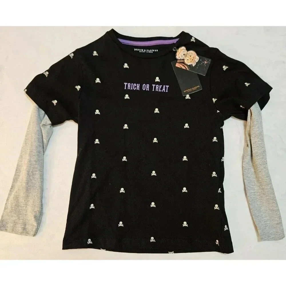 Halloween Trick Or Treat Shirt Denim&Flower Long Sleeve Black Skull Size 5/6 NWT